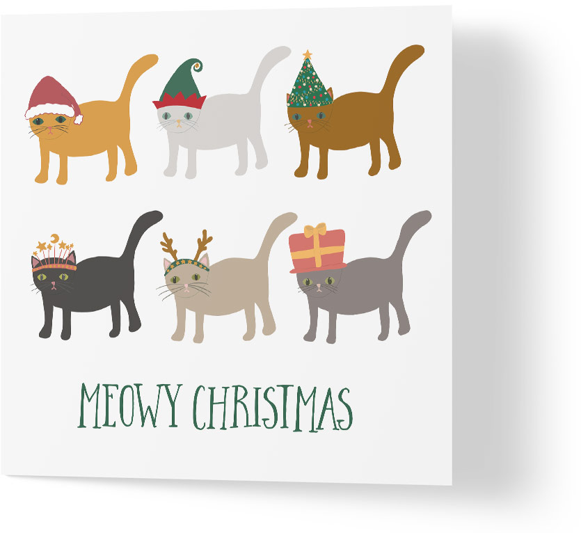 a white christmas card with six illustrations of cats with different hats. one has a santa hat, another an elf hat, another a christmas tree hat, the fourth a headband with stars and moons, the next a headband with reindeer antlers and the final one a present hat. below the illustrations are the words 