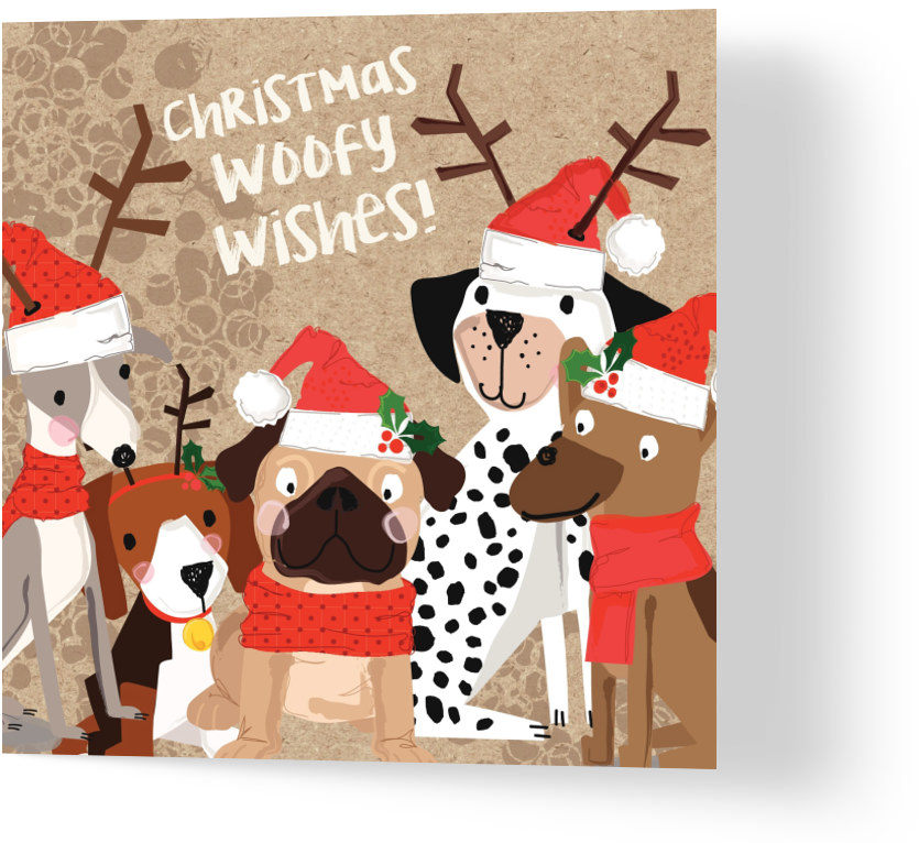a christmas card depicting illustrations of various different dogs wearing santa hats, antlers and scarves. above the illustration reads 