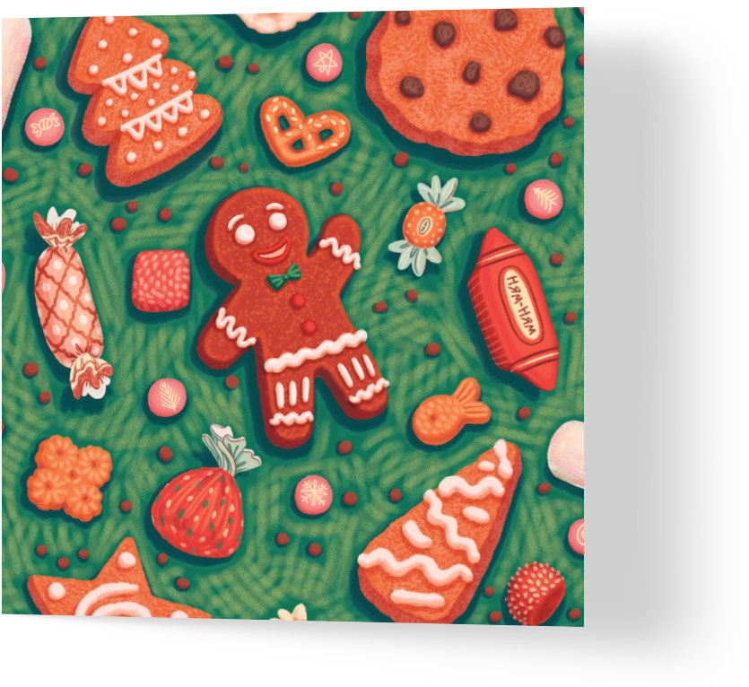 a green, textless christmas card featuring an orange gingerbread man surrounded by other christmas sweets and snacks on a green background