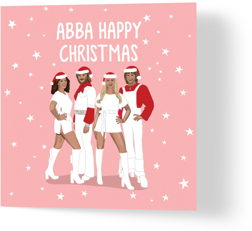 a pink christmas card with white stars in the background. the card reads 