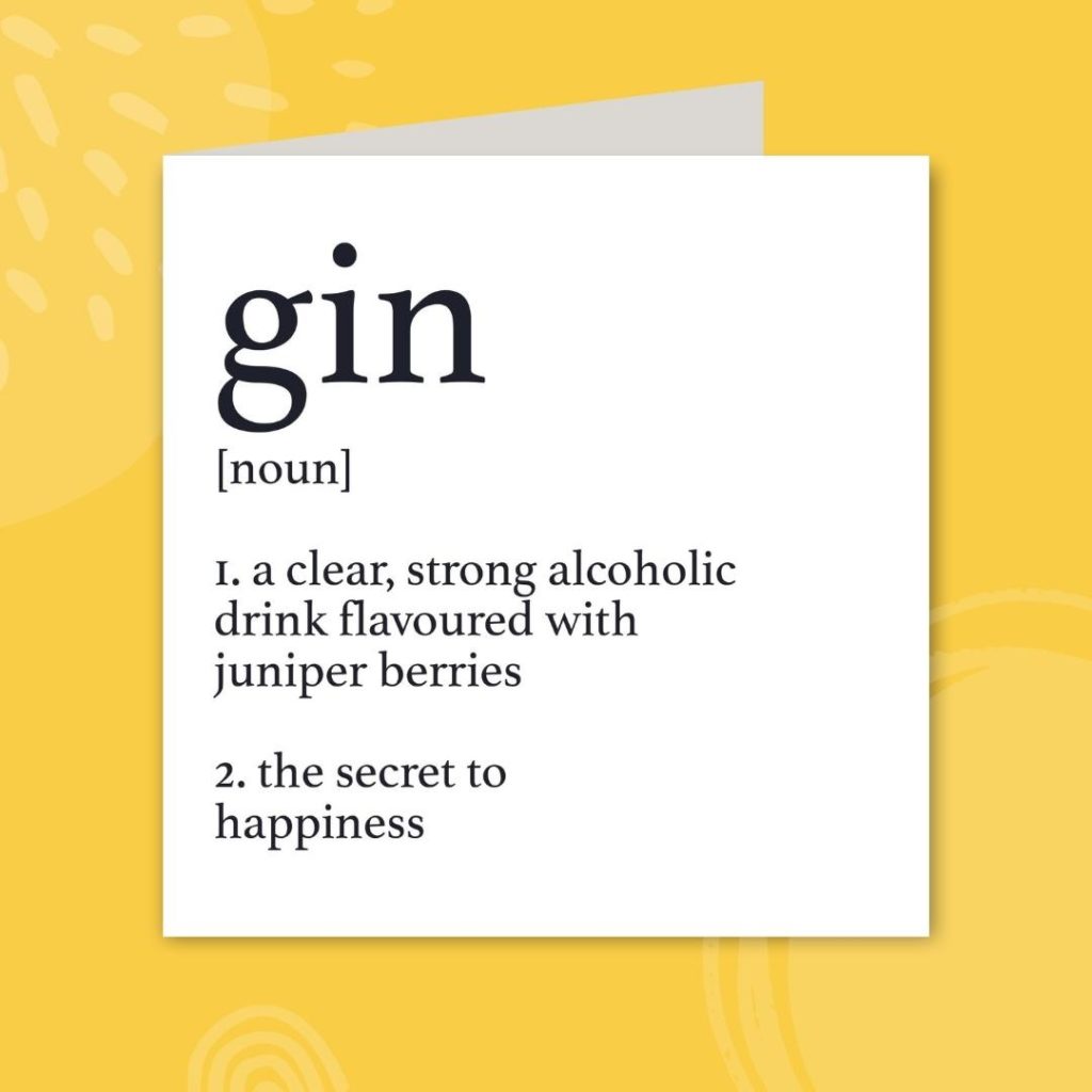 Image shows a white greeting card with the definition of Gin against a yellow background:
