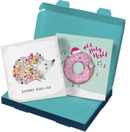 A Wuzci Small Sender subscription box, showing two greeting cards popping out.