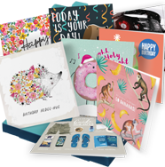 Image shows a Wuzci Social Superstar subscription box, with eight cards popping out.