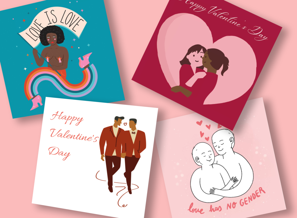 a pink background with four lgbtq+ valentine's day cards.