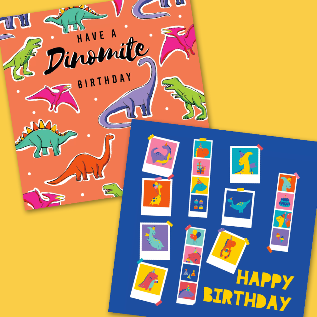 Two dinosaur birhday cards: have a dinomite birthday and dinosaur party