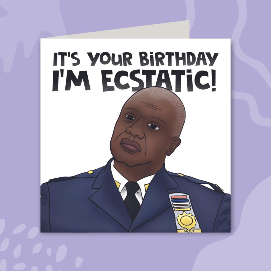 Image shows a greeting card on a pale purple background. The greeting card has a white background with bold, black text that reads 