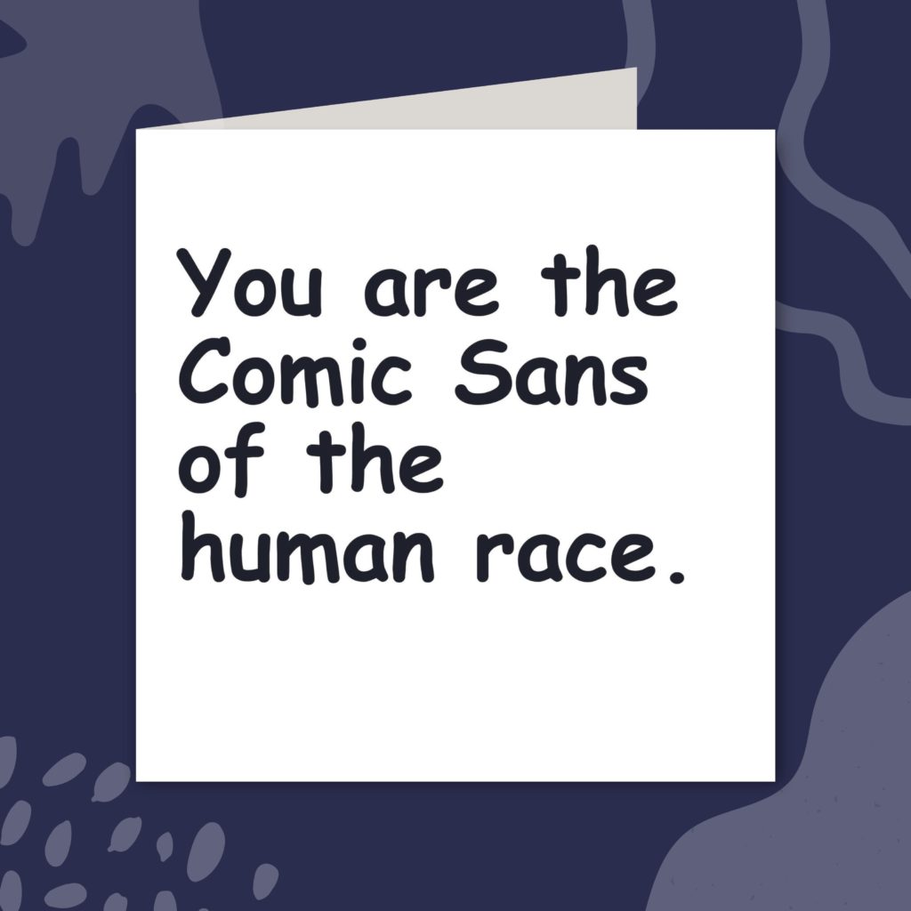 Image shows a white greeting card on a dark navy background. The card reads 