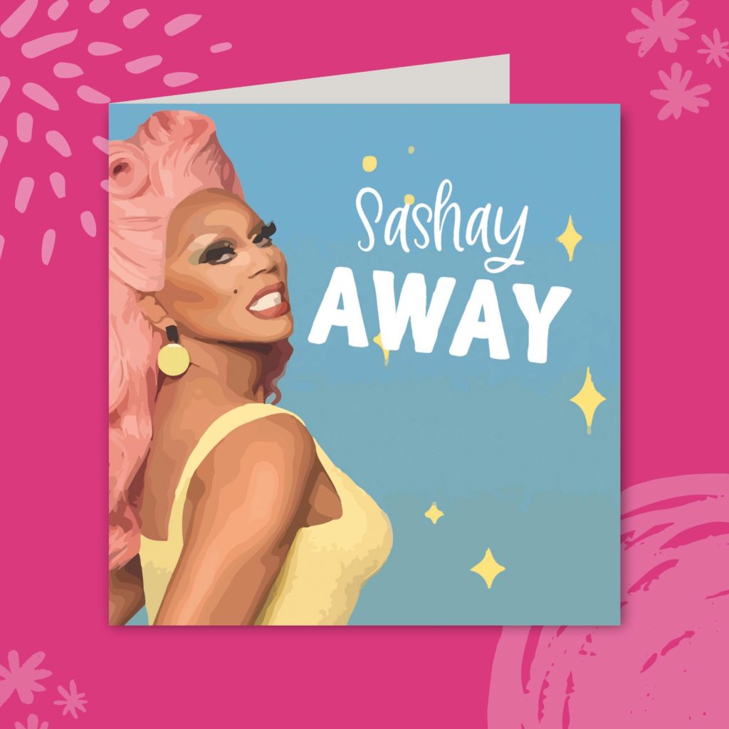 Image shows a blue greeting card on a hot pink background. The card has an illustration of RuPaul the drag queen on the left and reads 