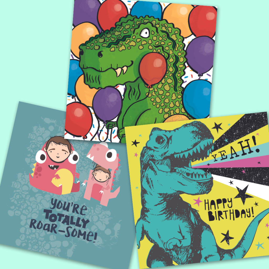 three dinosaur birthday cards. a balloonasaurus rex, a kids totally roarsome design and a punky t-rex design