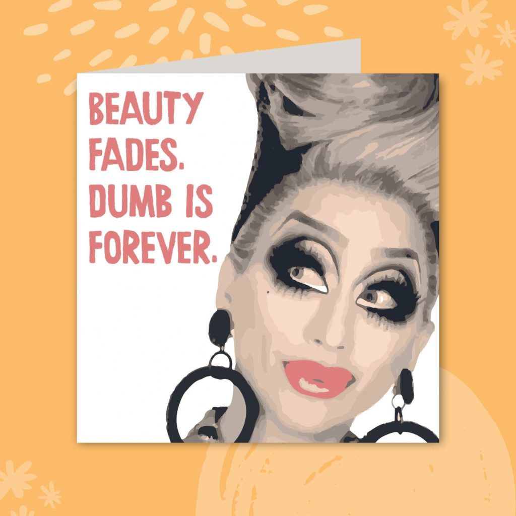 Image of a greeting card on a yellow background. The card shows a close up portrait of the drag queen, Bianca del Rio. Next to the portrait, it reads 