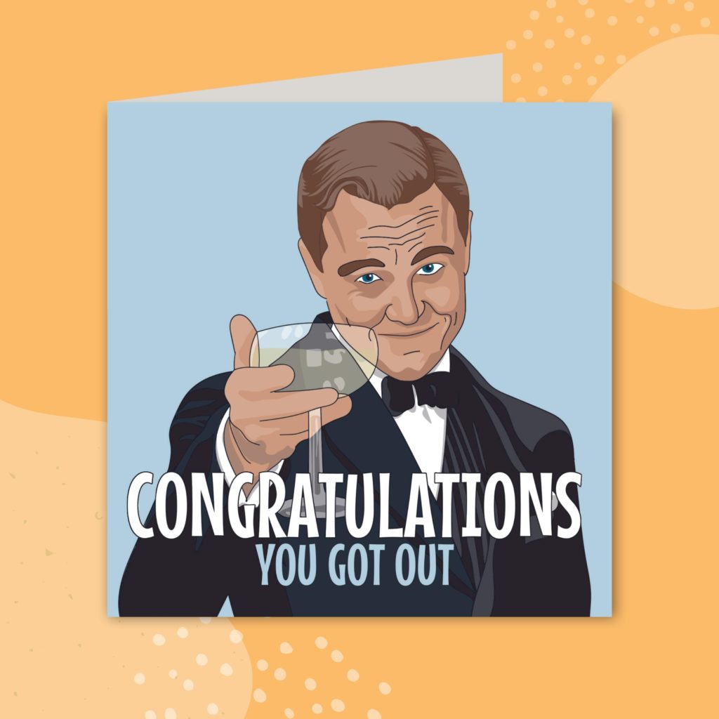 Image shows a greeting card on a pale orange background. The card has a blue background and shows an illustration of Leonardio DiCaprio as his character from The Great Gatsby, toasting the viewer. The card reads 
