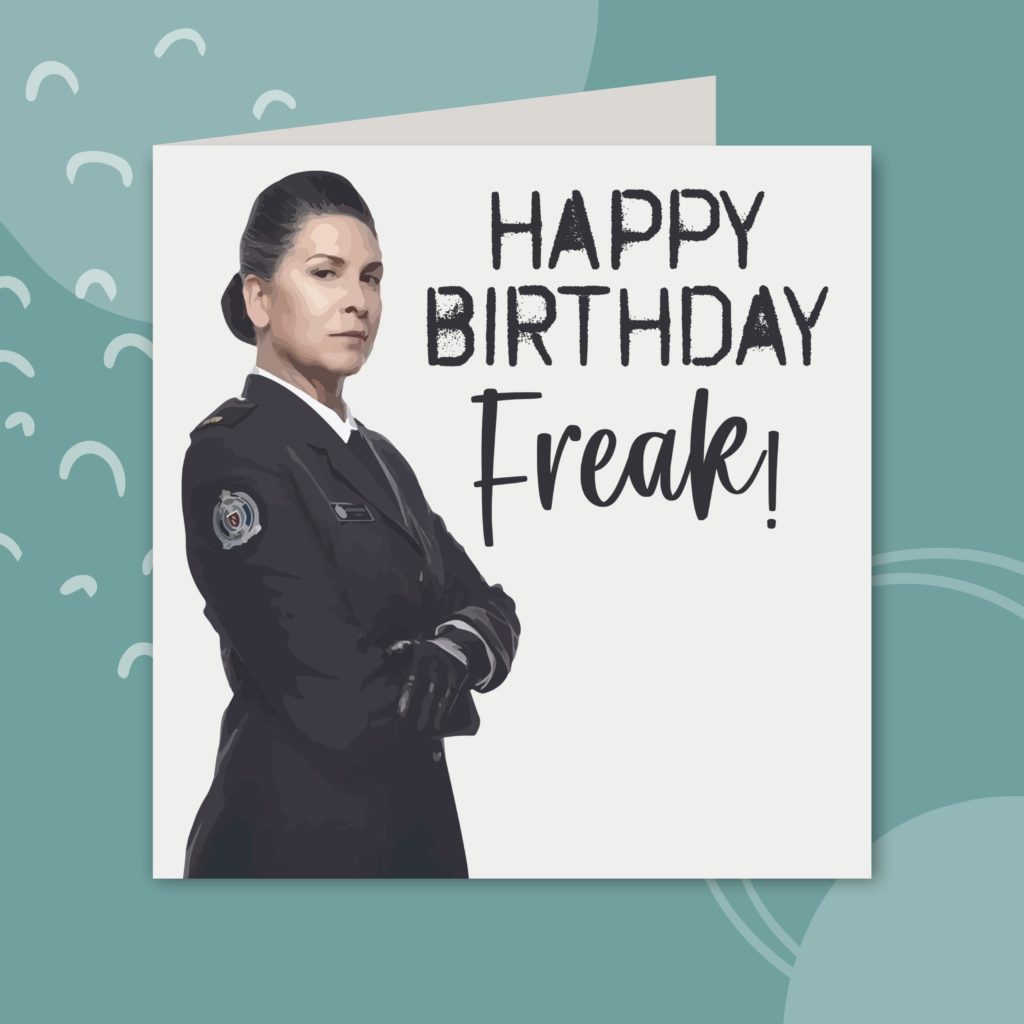 Image shows a greeting card on a de-saturated teal background. The card has a white background and shows a character from the TV series, Prisoner: Cell Block H. It reads 
