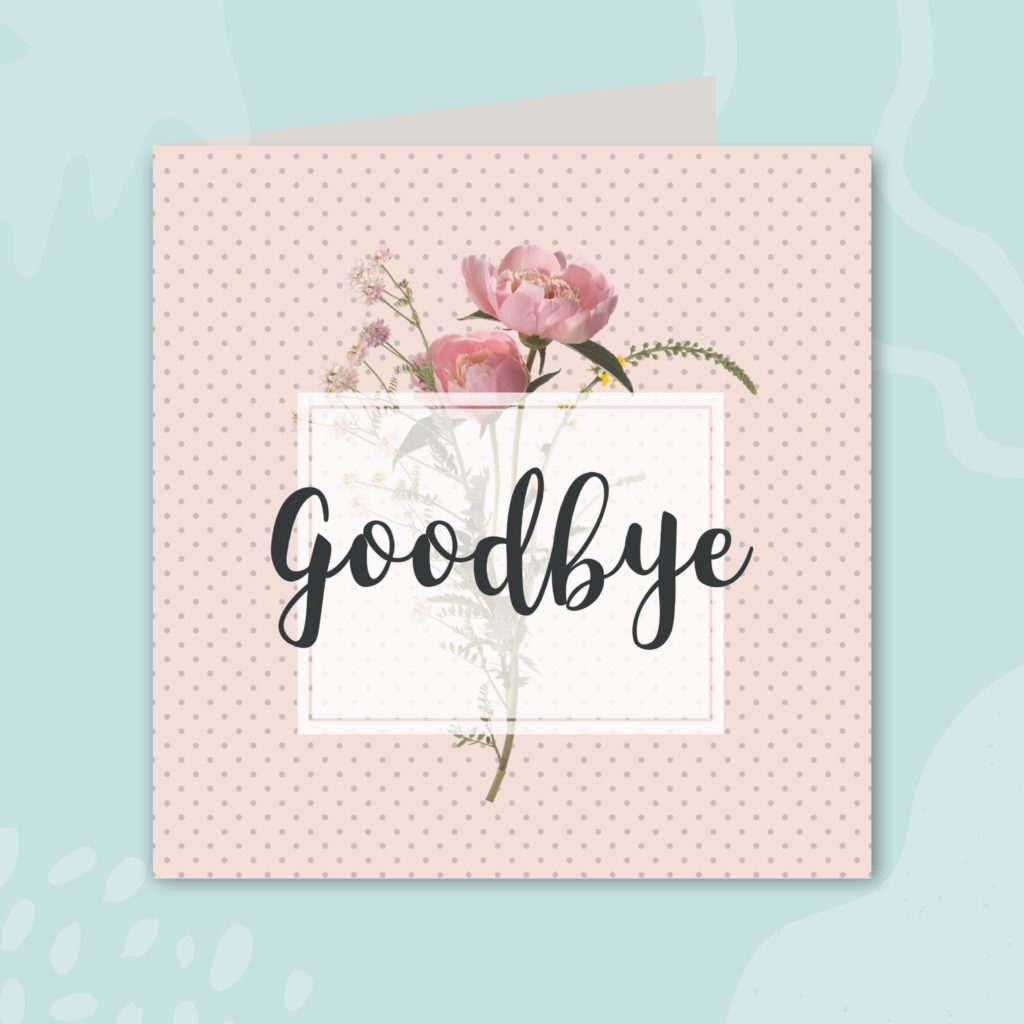 Image shows a light pink greeting card on a pale blue background. The card has a polka-dot background and a photographic illustration of light pink peony flowers. There is a semi transparent box over the flowers and black script text that reads 